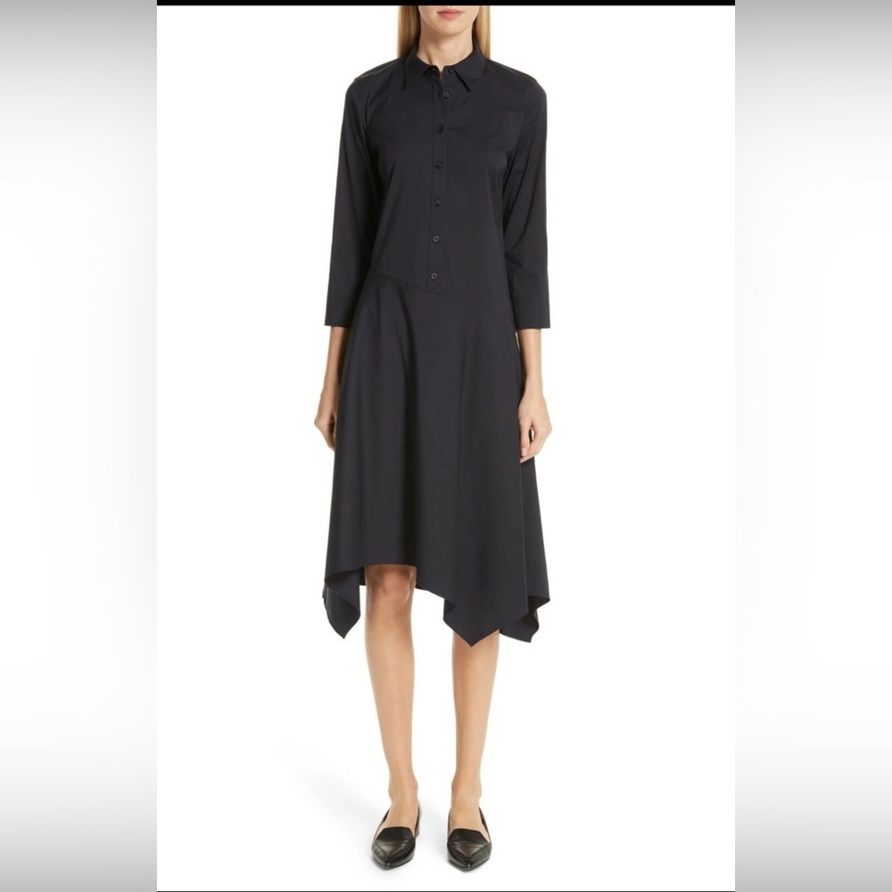 Lafayette 148 New York Black Handkerchief Hem Shirt Dress 3/4 Sleeve Size M